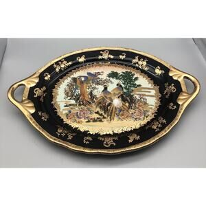Black w/ 22k Gold trim Lacquer oriental Peacock Large platter Signed-Stamp 76 14